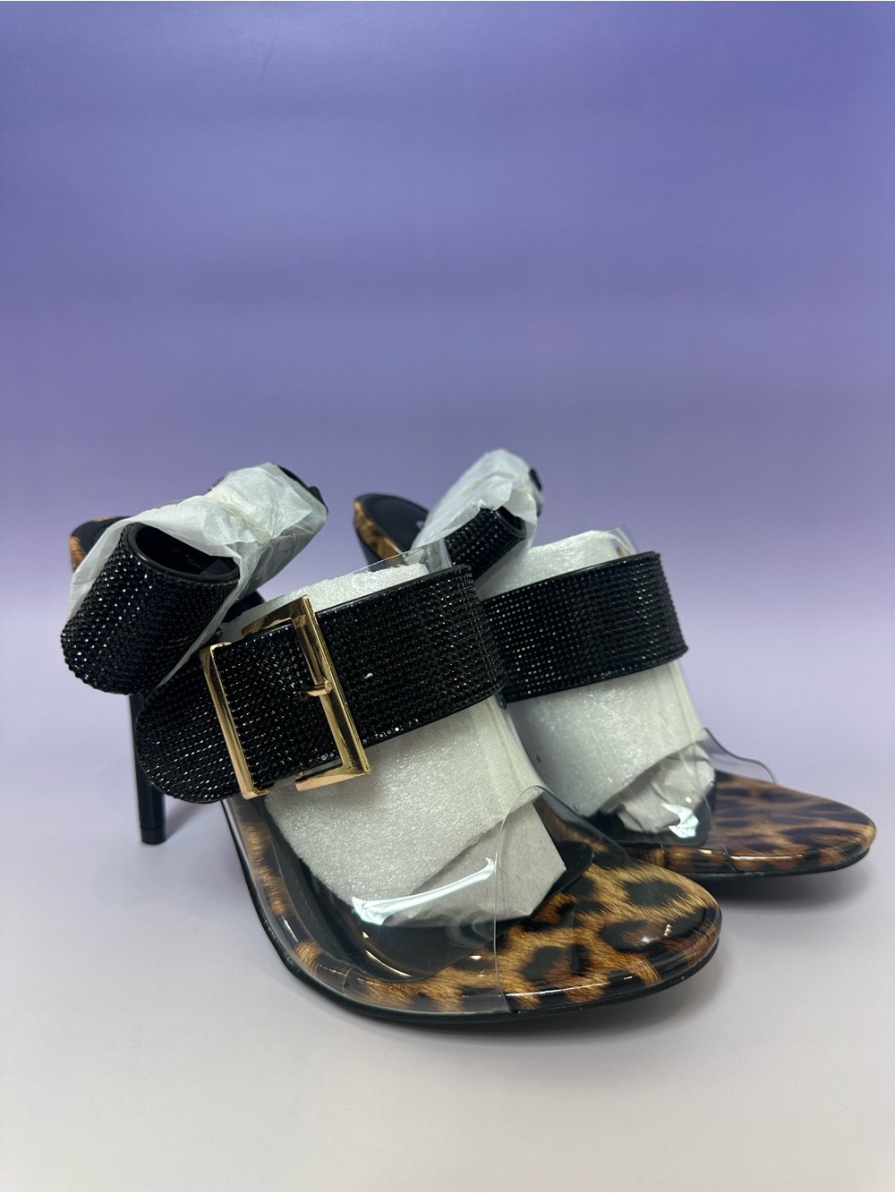 Cape Robbin Black Beaded Buckle Heeled Sandals with Leopard Print Accent